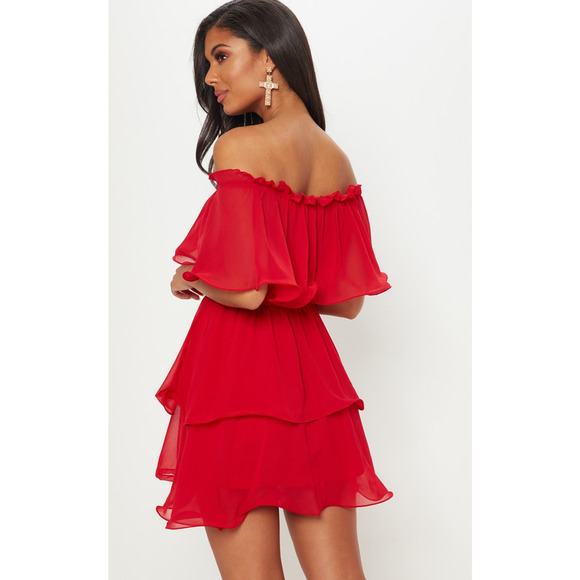 PrettyLittleThing Red Off the Shoulder Chiffon Ruffle Mini - Picture 2 of 3